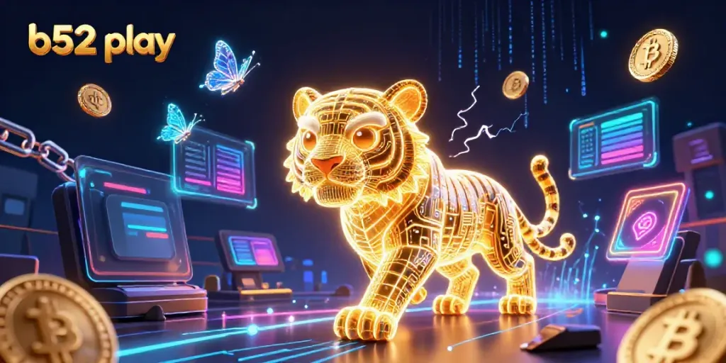 Engage in thrilling b52 play with a vibrant 3D casino scene featuring a digital tiger and neon elements.
