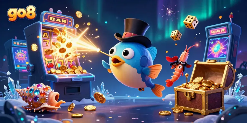 Play exciting casino games with go8, featuring an anglerfish attracting gold coins in a vibrant underwater scene.