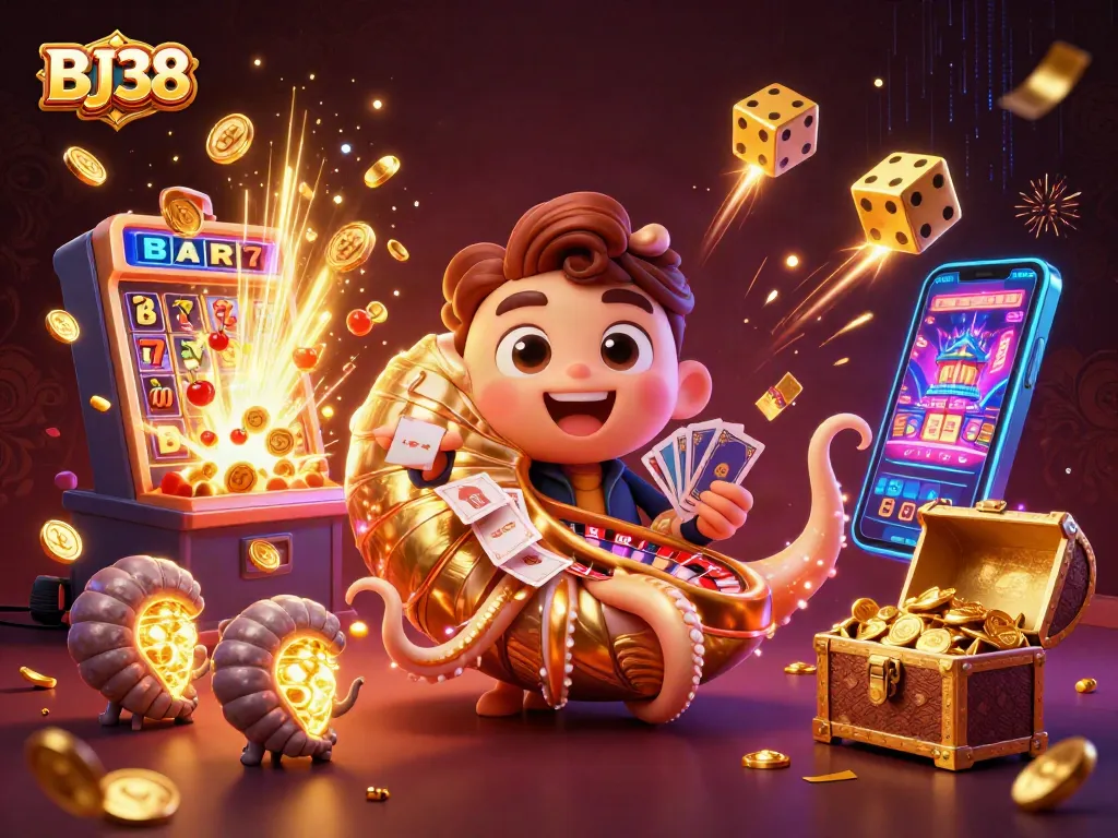BJ38 players winning big at an online casino depicted with a giant nautilus roulette wheel and vibrant slot elements.