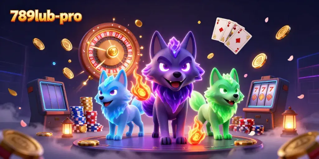 Experience thrilling wins at 789lub-pro with our captivating gaming scene featuring ghostly wolves and vibrant casino elements.