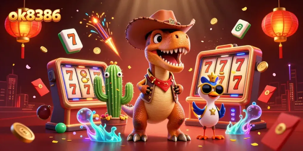 Spin jackpots with characters from ok8386 in a vibrant casino illustration.