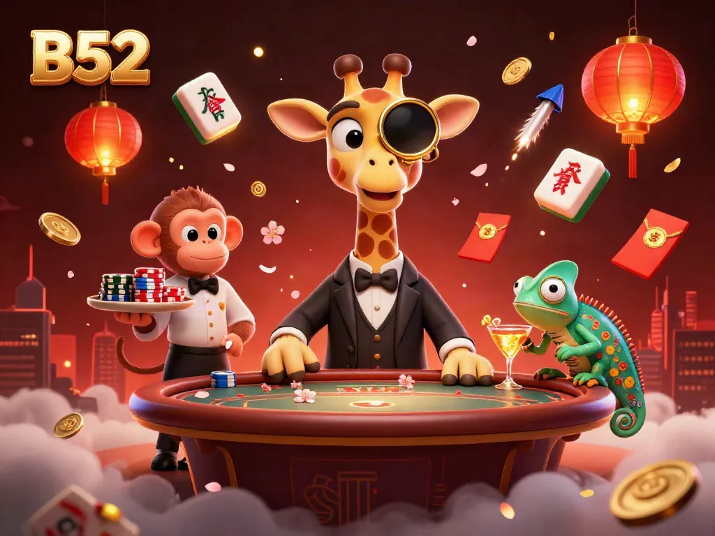 Experience luxurious gameplay at B52 with a high-roller giraffe at the poker table, lively casino elements.