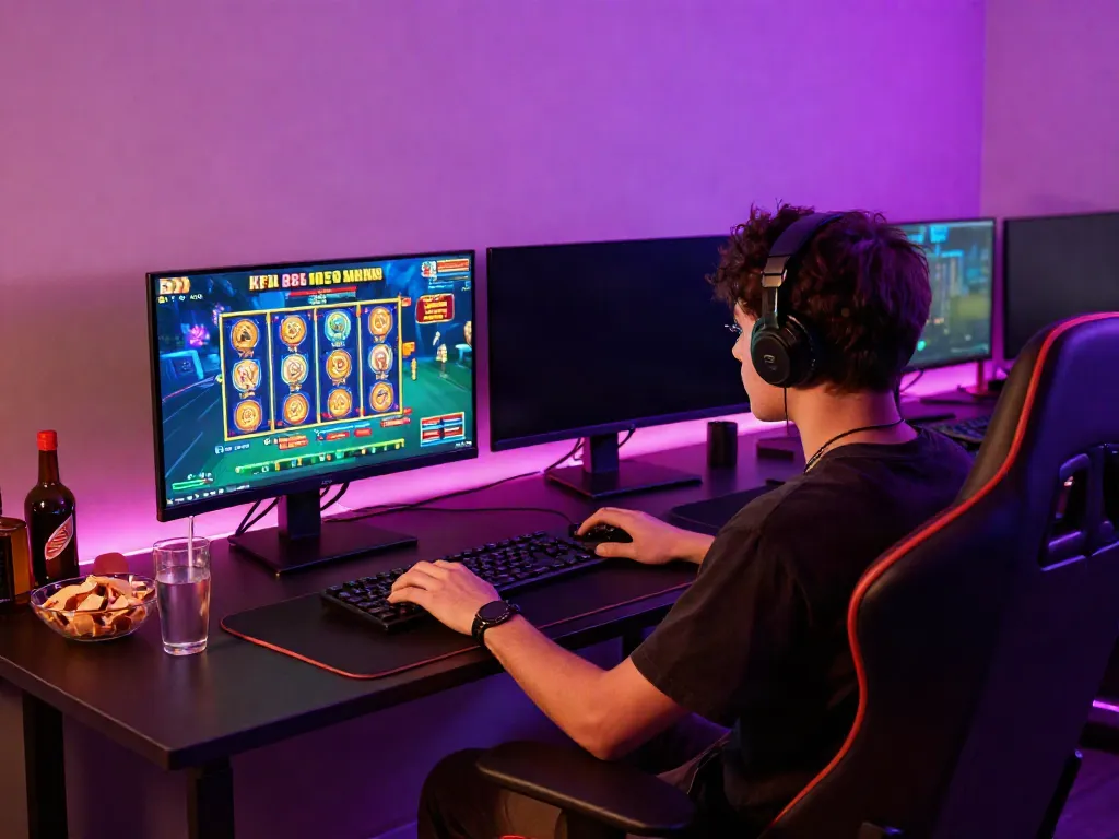 Player engaged in slot88 gaming with dual monitors showcasing dynamic graphics in a modern gaming setup.