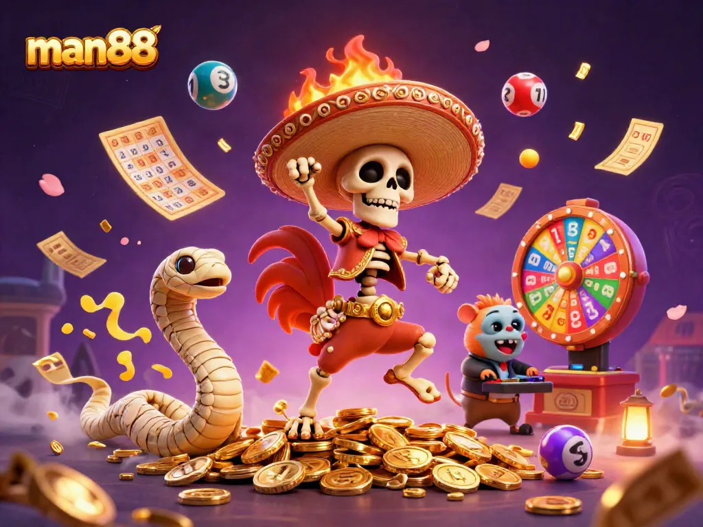 man88 showcases a vibrant casino scene with colorful lottery elements and dancing characters.