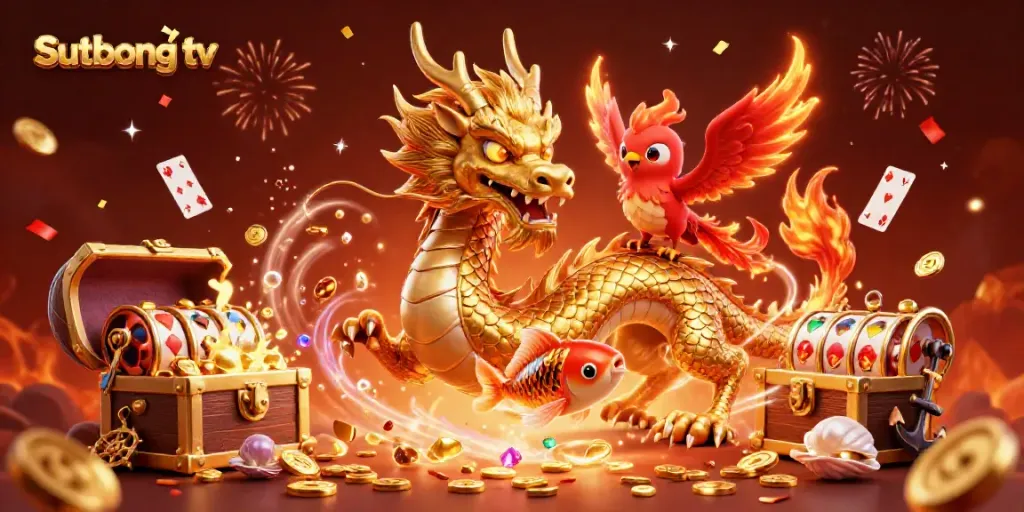 Engage with Sutbong tv as a golden dragon and phoenix create a lively scene in a casino-inspired world.