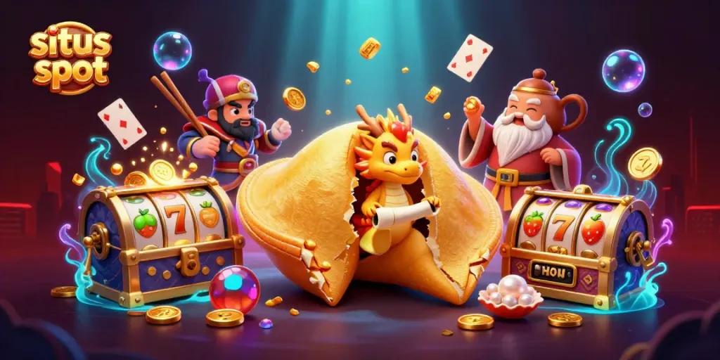Situs slot showcases a vibrant scene with a golden fortune cookie and slot reels, captivating players.