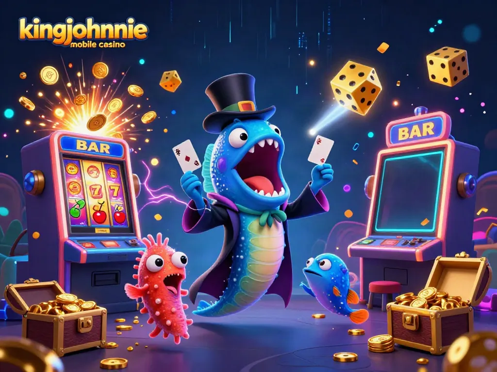 Engage with kingjohnnie mobile casino as the gulper eel performs card tricks amidst dynamic casino elements.