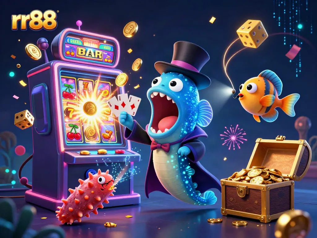 rr88 featuring a bioluminescent gulper eel performing tricks in a vibrant casino scene