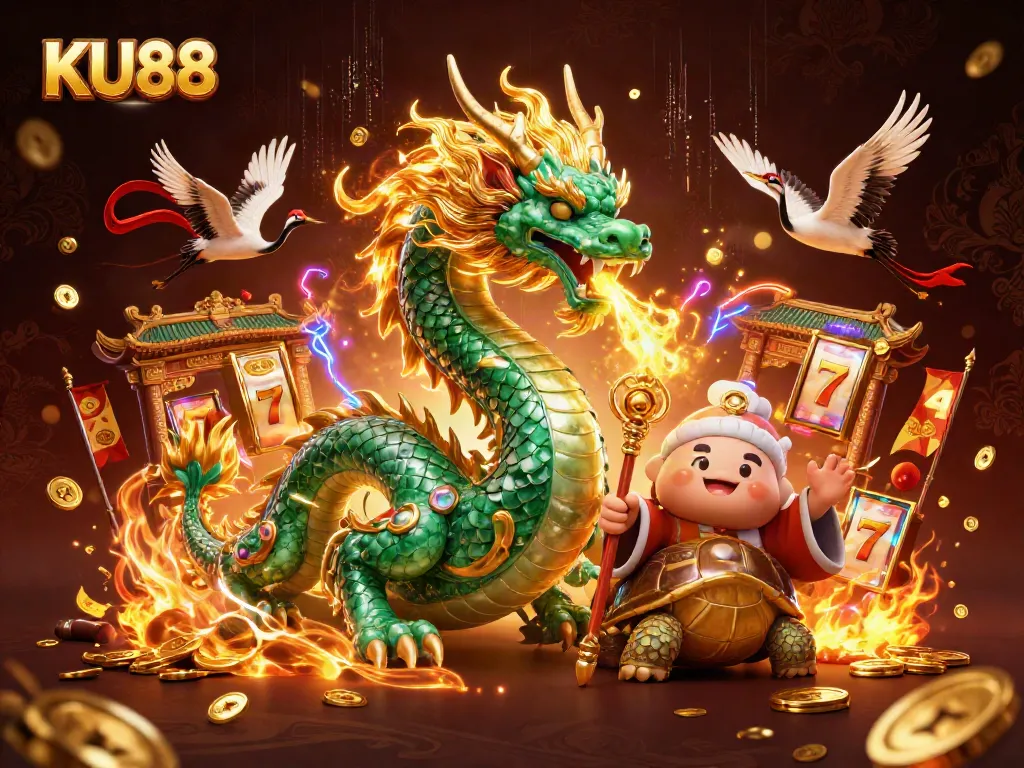 Engage with KU88's vibrant casino scene featuring a dragon, turtle sage, and cranes amidst rich gaming elements.