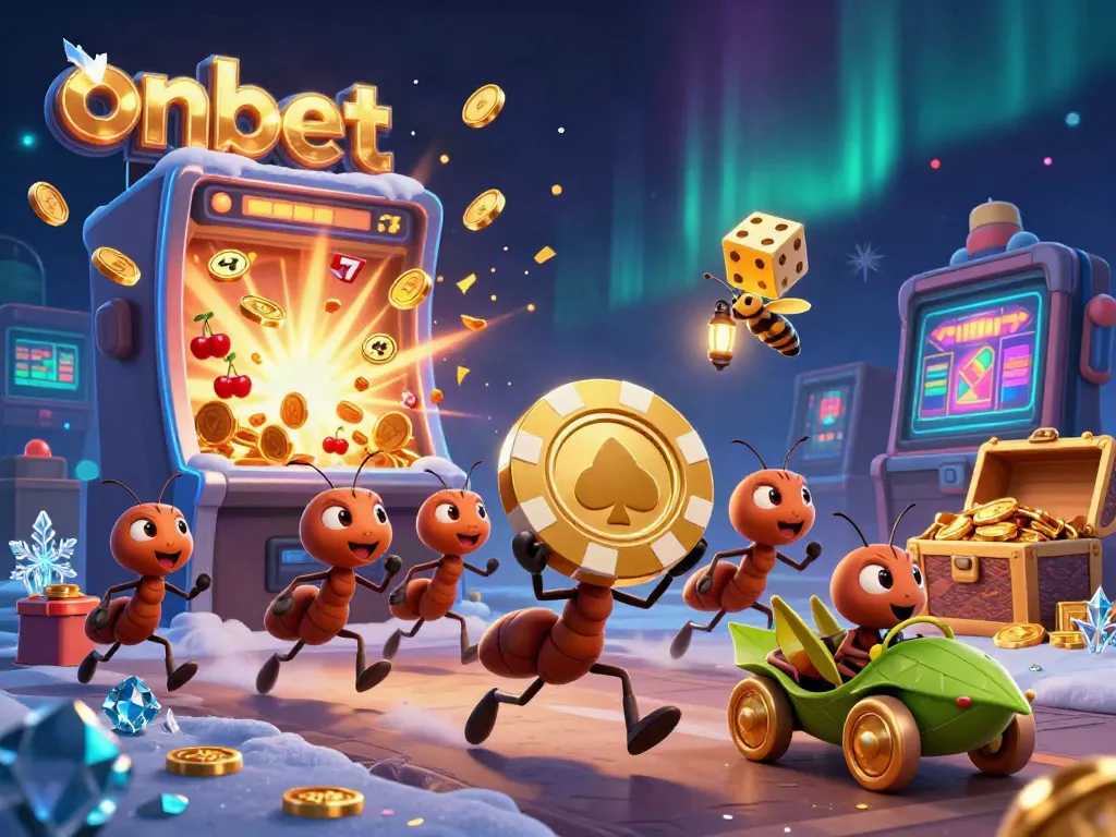 Engage in thrilling action with onbet's cartoon heist scene featuring a team of ants and exciting casino elements.