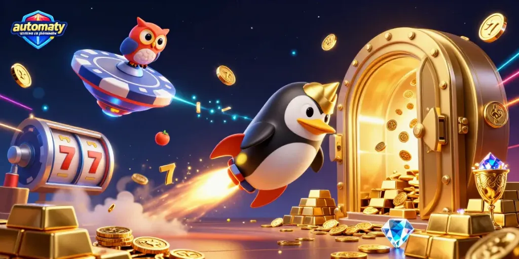 Experience automaty online za pieniadze with our 3D illustration featuring vibrant slots action and a golden penguin.