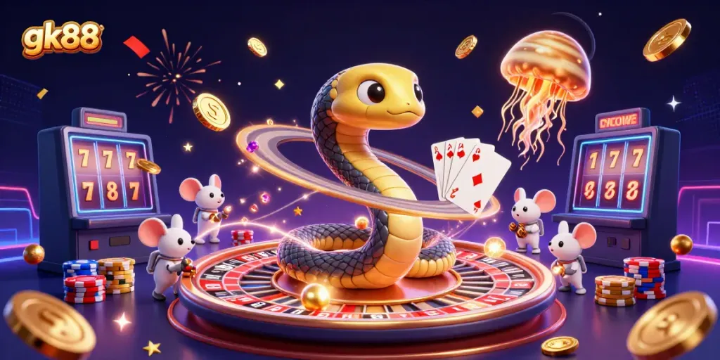 Engage in the cosmic excitement of gk88 as animated characters play with casino elements amid swirling colors and dynamic effects.