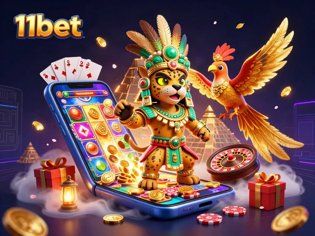 Experience thrilling slots at 11bet with the vibrant 3D casino illustration featuring exciting game elements.