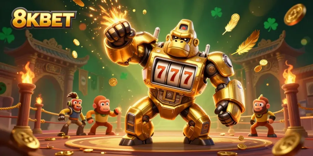 Engage in captivating gaming action with 8KBET featuring slot machine-themed robot characters in a vibrant arena scene.