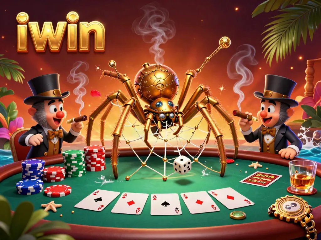Catch the thrill of iwin with a steampunk golden spider weaving a casino web filled with poker riches.