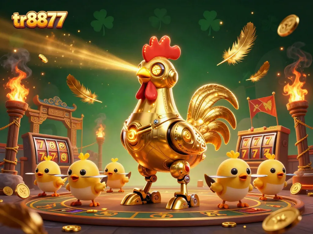 Play exciting slots at tr8877 with golden rooster robot surrounded by vibrant casino elements.