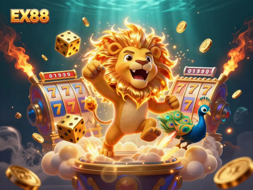Engage in thrilling gameplay with EX88, highlighted by vibrant slot machines and golden dice.