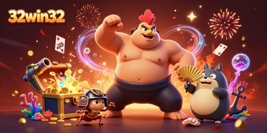Experience excitement with 32win32's dynamic online casino illustration featuring engaging characters.