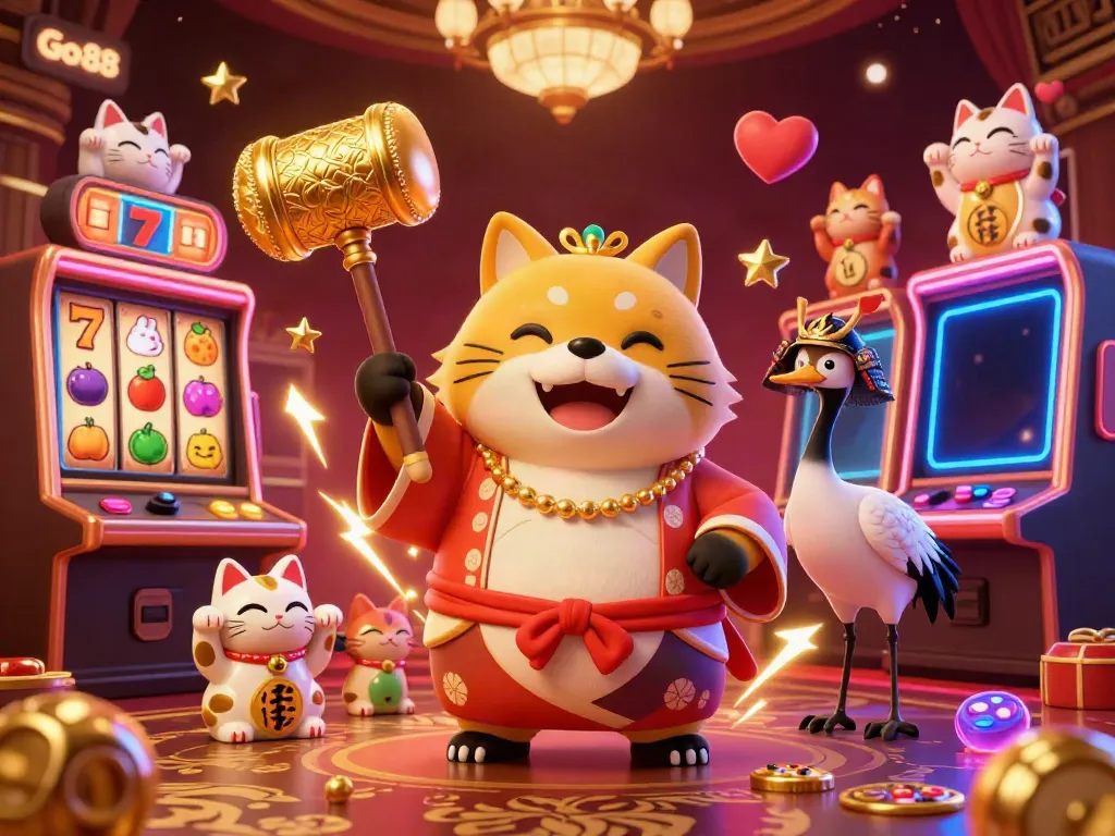 Experience the vibrant ambiance of Go88 casino with cheerful tanuki, samurai crane, and lucky maneki-neko.