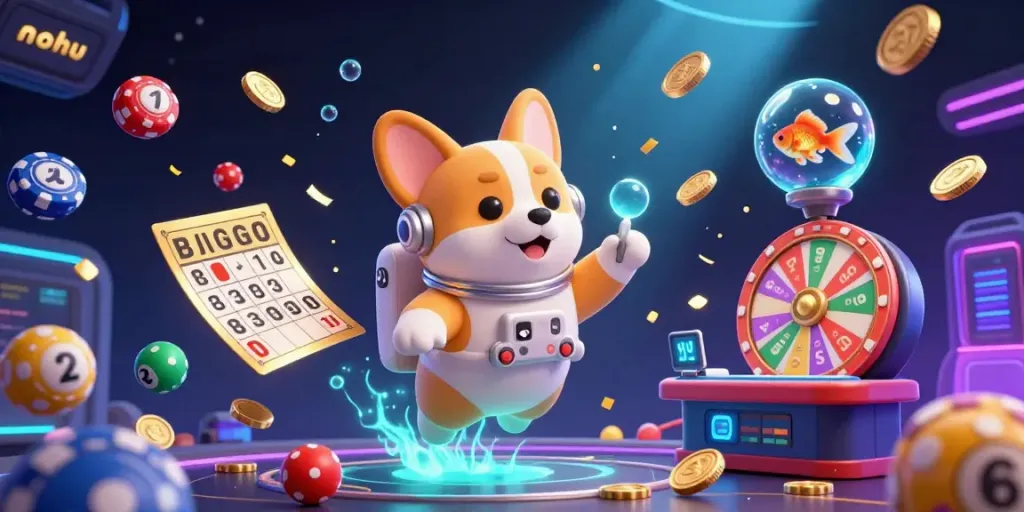 Experience the dynamic excitement of nohu as a floating corgi and friends navigate a zero-gravity casino.
