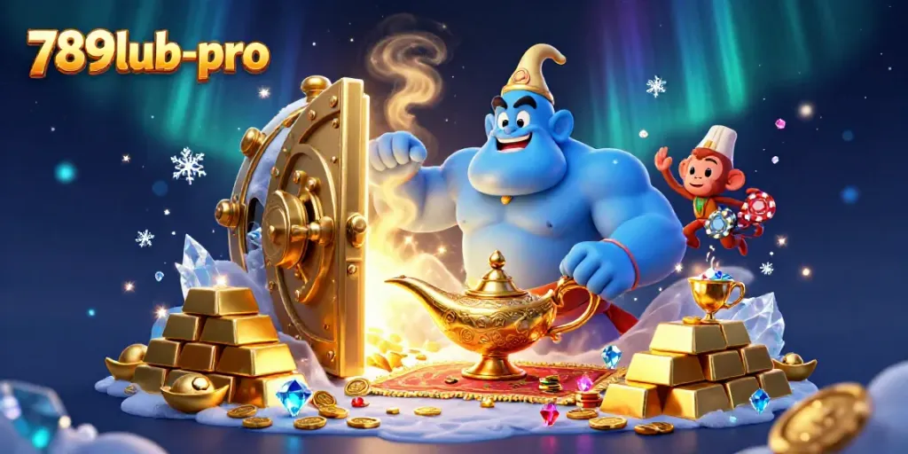 Engaging 3D scene showcasing 789lub-pro featuring a genie with treasures and poker chips.