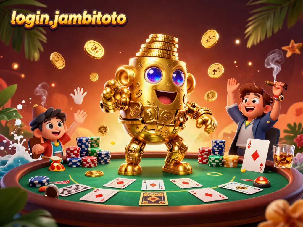 Engage with the login jambitoto scene featuring a dynamic golden golem and poker elements.