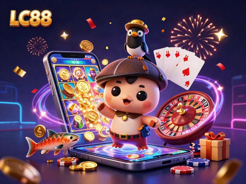 Engage with LC88's vibrant gaming world featuring captivating characters and dynamic casino elements.