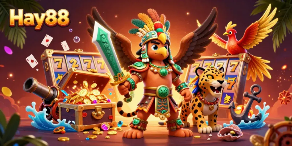Engage in thrilling gameplay at Hay88 with Aztec warrior and jackpot slots, surrounded by treasure and excitement.