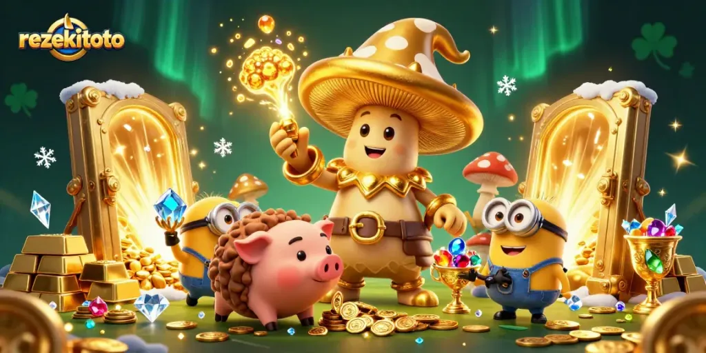 Play the exciting games at rezekitoto, featuring treasures and magical winnings in a vibrant casino scene.