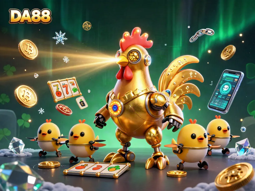 Engage with DA88's dazzling 3D casino adventure featuring robot and cryptocurrency elements.