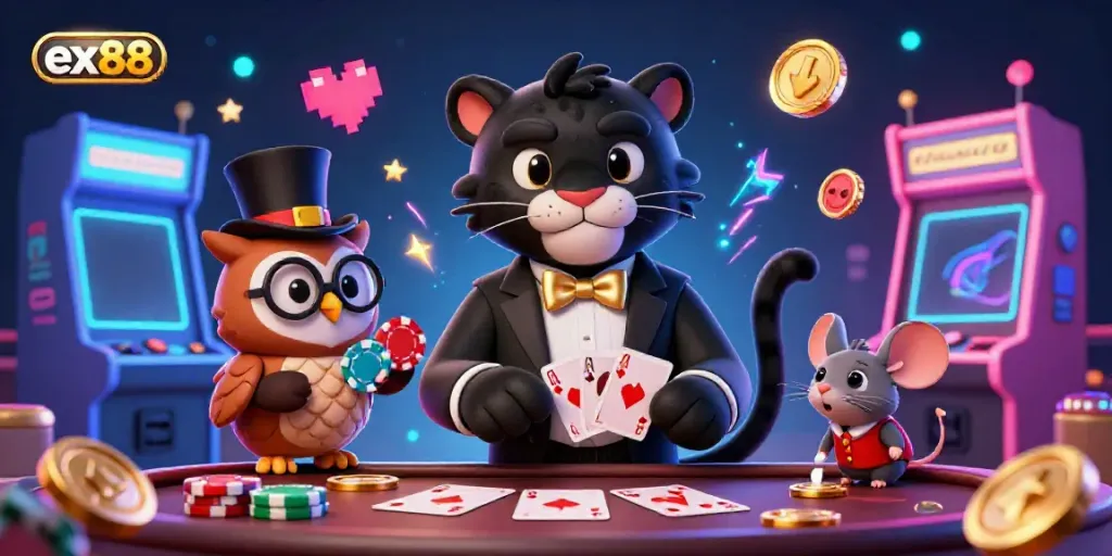 Play exciting casino games with ex88 as a stylish black panther deals cards among vibrant characters in a rich digital illustration.