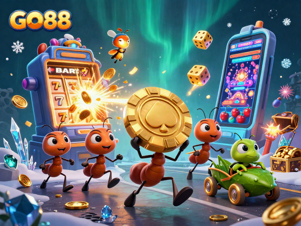 Join the GO88 adventure with ants, a firefly, and a grasshopper in a dynamic casino scene.