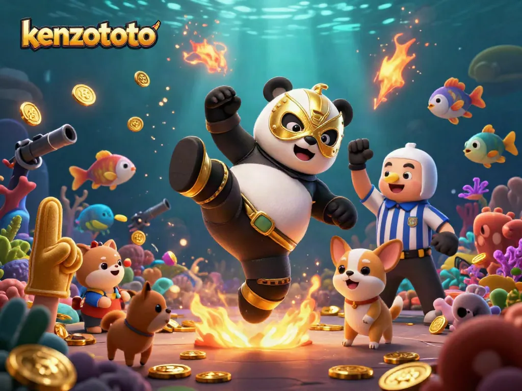 Kenzototo showcases fish shooting excitement with a wrestler panda in an underwater arena.