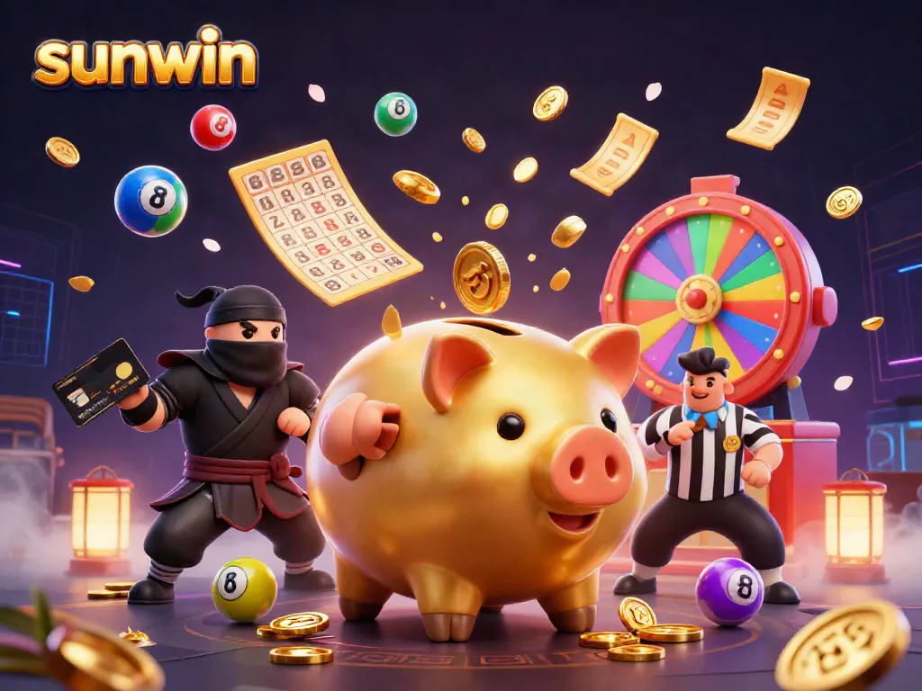 Experience thrilling gaming action with sunwin featuring a golden piggy bank sumo wrestler amidst vibrant casino elements.