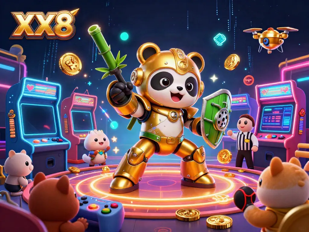 Engage with the vibrant world of XX8 through a 3D illustration of a mech-suit panda in a colorful casino.