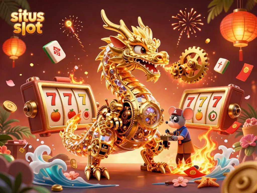 Situs slot illustration featuring a golden dragon, slot reels, and themed symbols, enhancing casino excitement