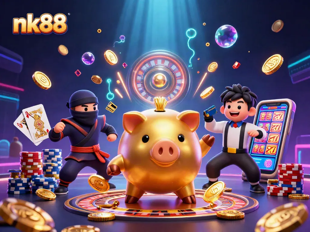 Experience nk88's thrilling gaming with exciting characters and casino elements in an engaging illustration.