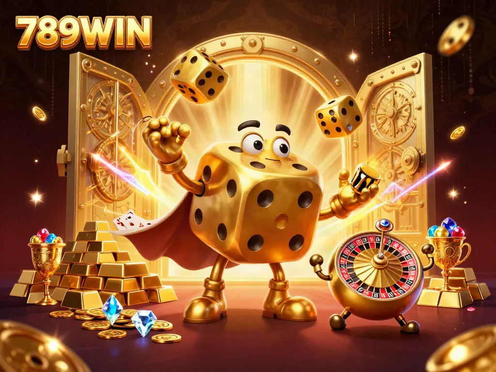 Experience the thrill of 789WIN with dynamic golden dice and jewels in an engaging casino scene