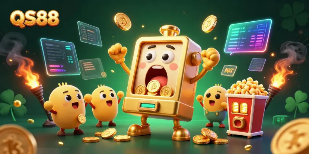 Engage with QS88’s animated golden slot machine hitting a jackpot, surrounded by cheering mini slots and rich casino elements.