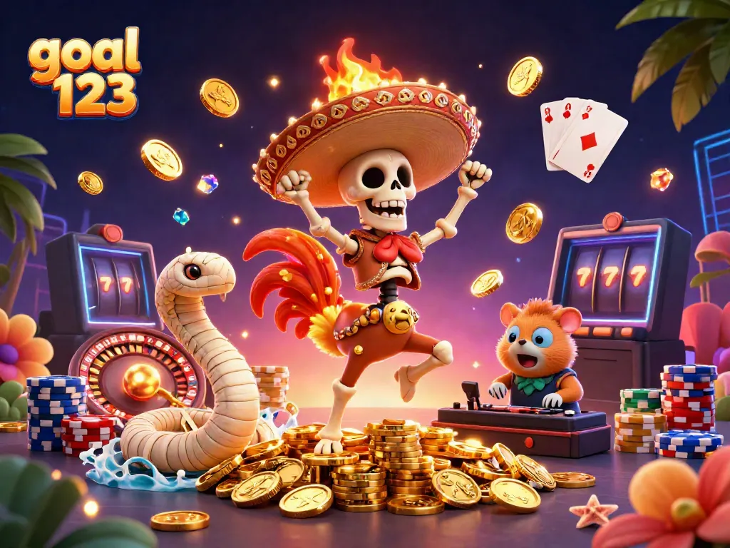 Engage in the exciting world of goal 123 with this vibrant casino illustration featuring dynamic characters and lavish treasures.