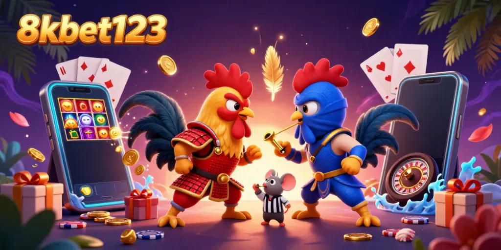 Engage in thrilling casino action with 8xbet123, featuring animated roosters in a betting standoff with dynamic game elements.