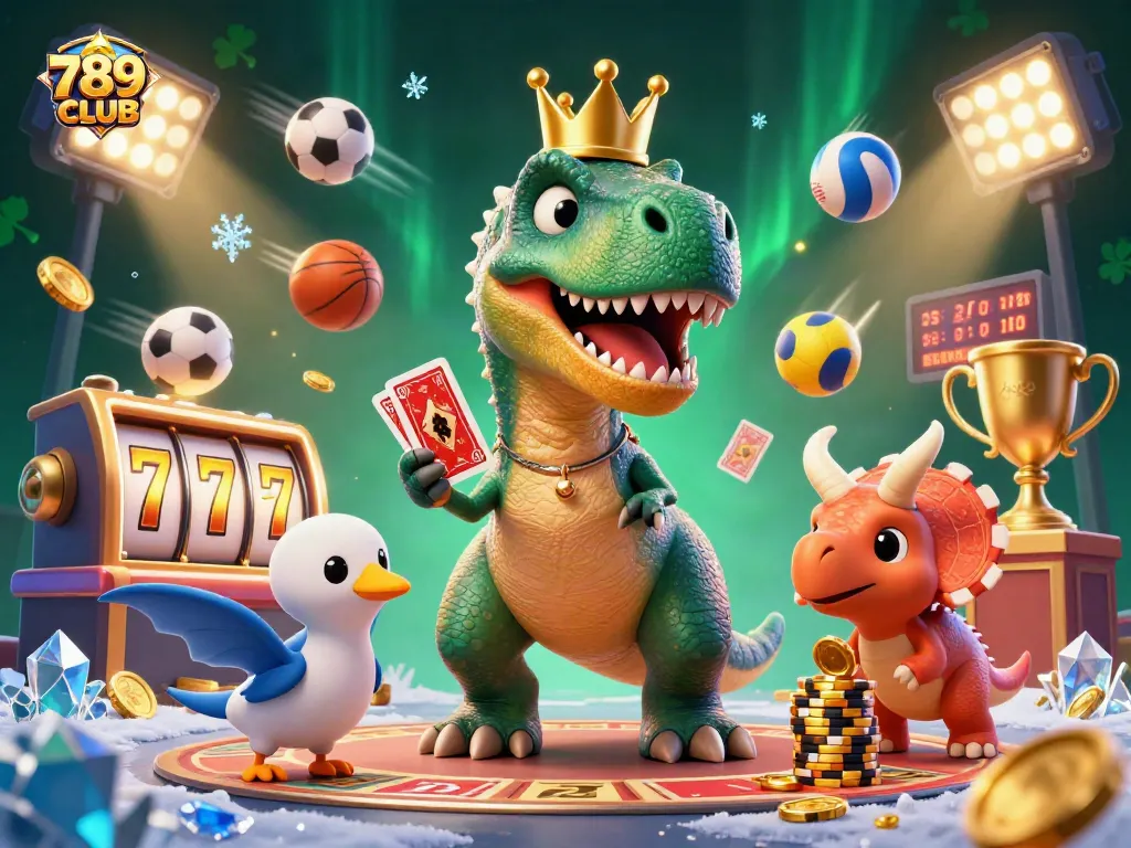 Engage with 789CLUB's thrilling casino world through a vibrant 3D illustration showcasing friendly characters and dynamic game elements.