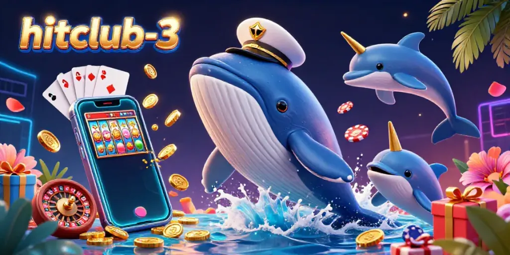 Hitclub-3 scenario featuring a whale breaching coins, dolphins flipping poker chips, and a vibrant slot game.
