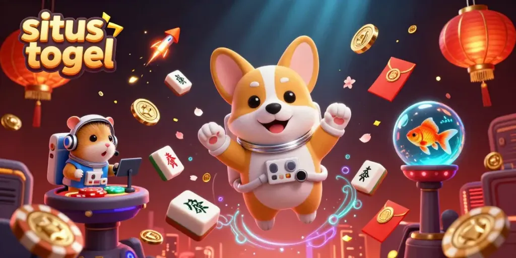 Play and win in this vibrant situs togel casino scene with floating coins and animated characters.