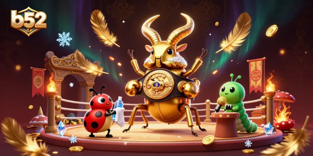 Experience thrilling action with b52 as a golden stag beetle showcases its might in an animated casino arena.