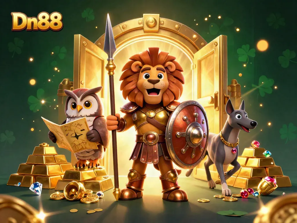 Experience Dn88's thrill with a striking illustration of a Spartan lion, owl strategist, and greyhound amidst treasure.