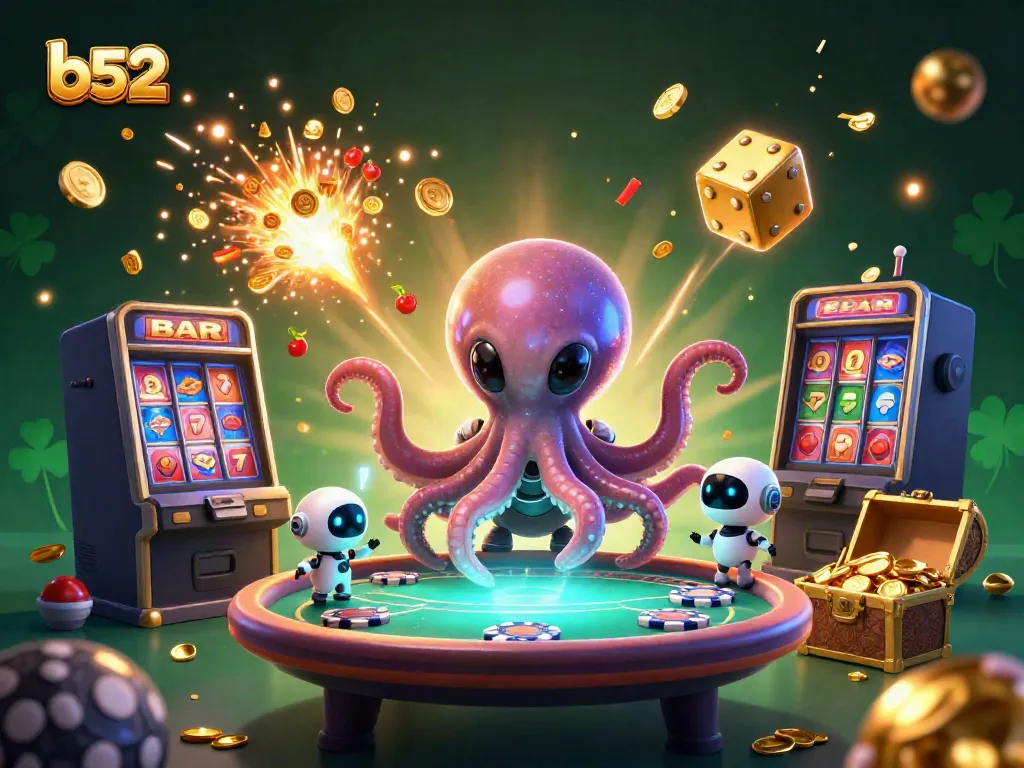 Watch the b52 alien octopus orchestrating a vibrant casino scene with floating poker elements and a jackpot explosion.