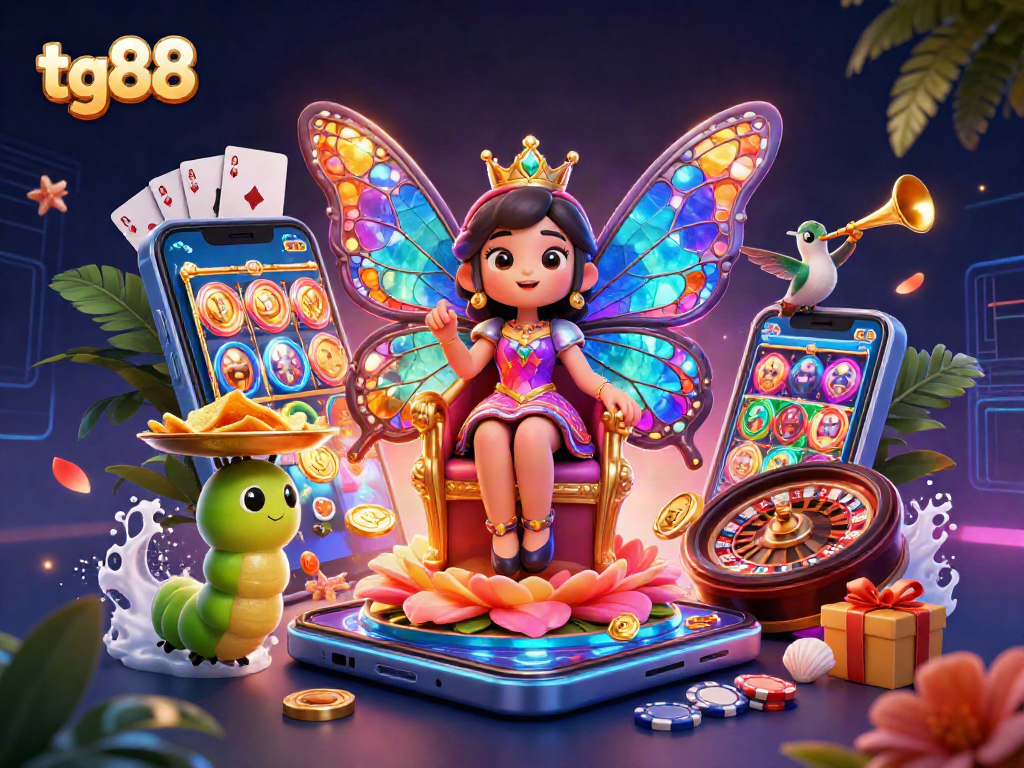 Tg88 engages users with vibrant 3D casino action featuring the butterfly queen amidst gaming elements.