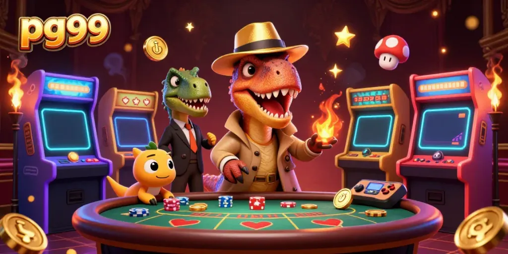 Experience thrilling casino action with pg99 featuring a sneaky velociraptor card counter in a vibrant game scene.