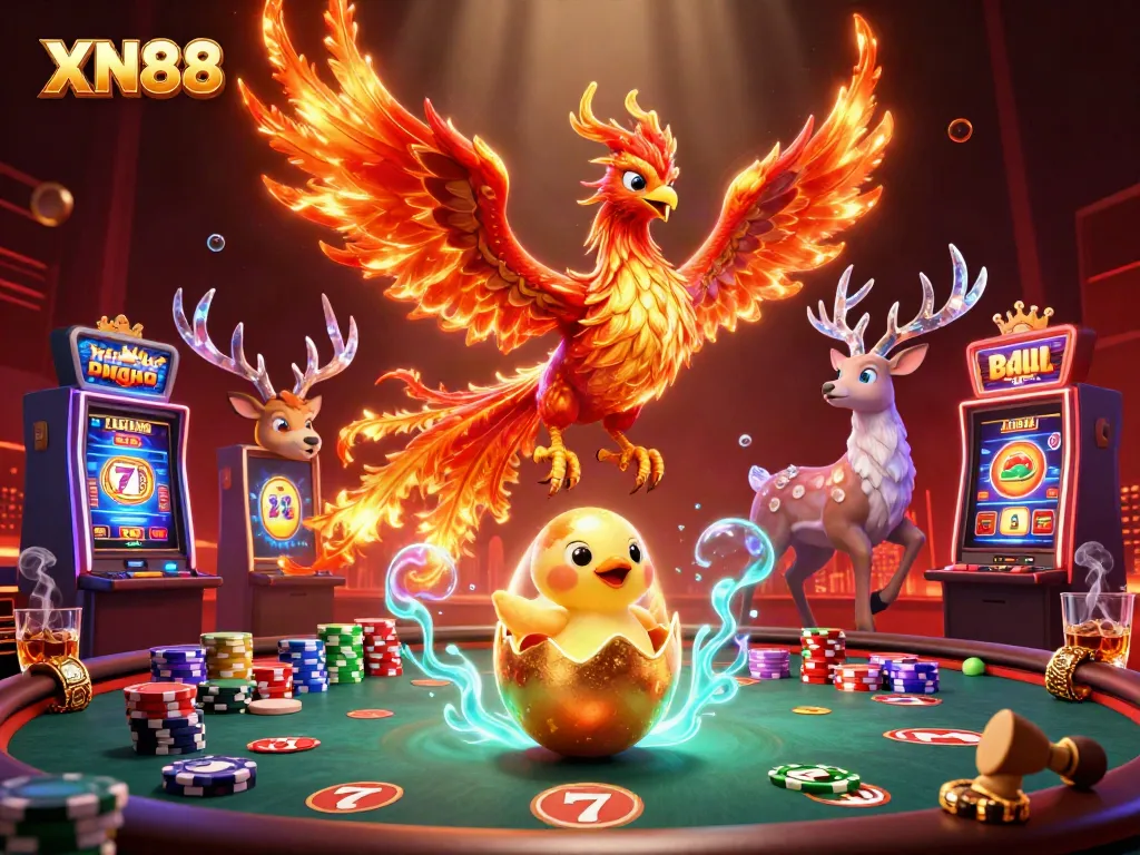 Experience thrilling XN88 gameplay with a dynamic scene featuring vibrant cartoon characters and casino elements.